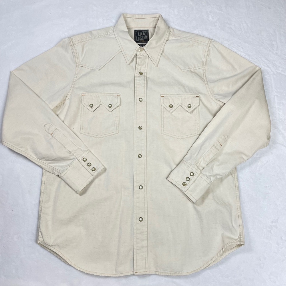 Lucky Legend Western Shirt Cotton Linen Mens Large Cream Good Pearl Snap Button